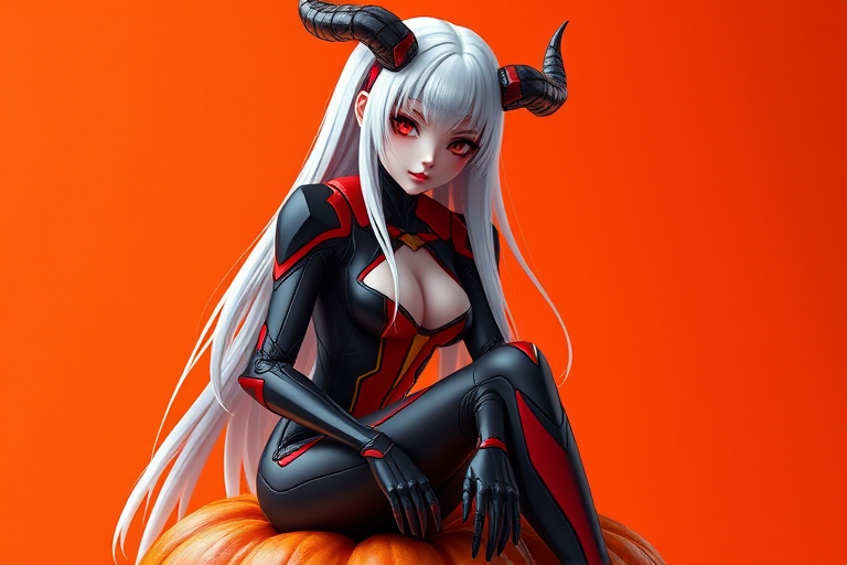 Generate a high-quality digital artwork of a female android with long white hair, wearing a sleek black and red suit with horns, sitting on a pumpkin against an orange background, captured with a DSLR camera at f/2.8, 50mm lens, ISO 100, natural lighting, in portrait orientation.