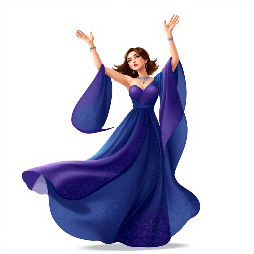 Generate an illustration of a woman in a flowing blue and purple gown with ornate patterns, arms raised in a joyful pose, using a Canon EOS R5 with a 24-70mm lens, f/2.8 aperture, ISO 100, and a soft focus background to enhance colors and details.