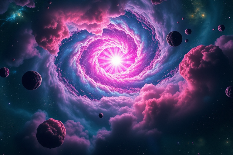 Create a high-resolution image of a vibrant cosmic scene featuring a glowing pink star at the center surrounded by swirling clouds of gas and debris, with asteroids floating through space, captured using a DSLR camera with a 50mm lens, aperture set to f/1.8, ISO 100, shutter speed of 1/1000s, and with a wide-angle view to enhance depth and detail.