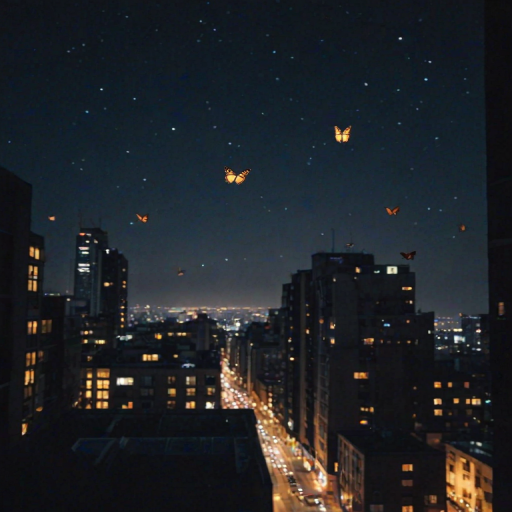 stylish,no humans,city light,black theme,dim lighting,high contrast,night sky,matserpiece,absurdres,depth of field,butterflies,extremely aesthetic,viloet theme,absurdres,wallpaper,panorama,