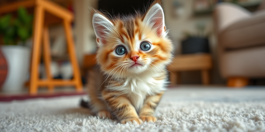 A fluffy kitten with big round eyes and a tilted head sitting on a soft carpet with a playful expression and a background of a home interior