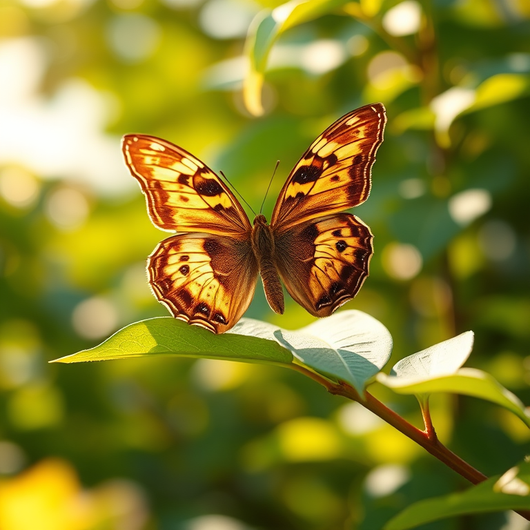 Generate an image of a butterfly perched on a green leaf, with a soft, blurred background. The butterfly should have intricate patterns on its wings, showcasing a mix of earthy tones and vibrant spots. The overall setting should evoke a sense of calm and natural beauty, with warm sunlight filtering through the leaves.