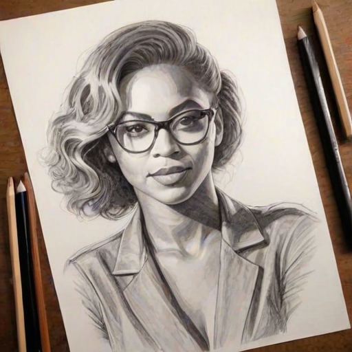 Delightful Beyonce, pencil sketch, portrait of Fascinating woman 1927s in glasses, hair style beatnik, outline, clear lines, fine lines, 8k