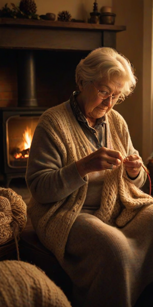 Warm, softly lit image of a grandmother knitting by the fireplace, soft glow from the fire casting warm shadows on the walls, the smell of wool and burning wood filling the air, a peaceful, quiet atmosphere captured.