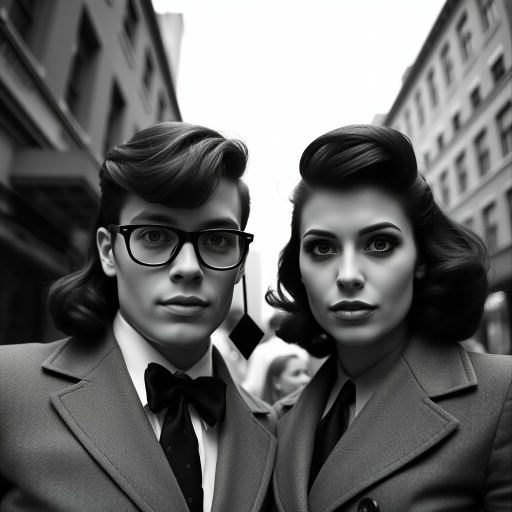 Black-and-white photograph, couple, tailored suits, retro hairstyles, film noir style, Tilt the camera for a dynamic Dutch angle using a versatile 24-70mm lens
