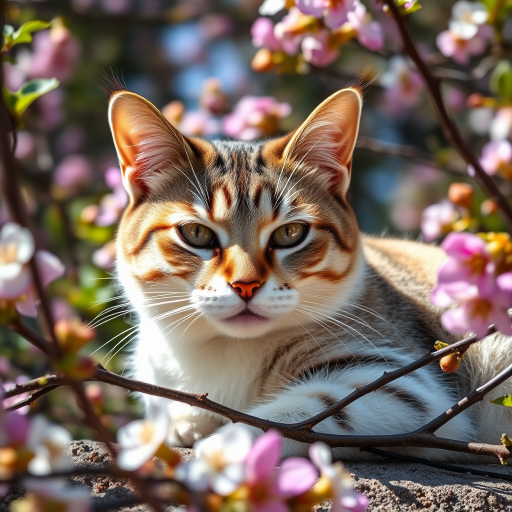 Capture a close-up photograph of a cat resting among flowering branches on a sunny day, using a DSLR camera with an aperture of f/2.8, ISO 200, and a shutter speed of 1/500s, employing a shallow depth of field to blur the background and highlight the cat's features, taken from eye level with natural lighting to enhance colors and textures.