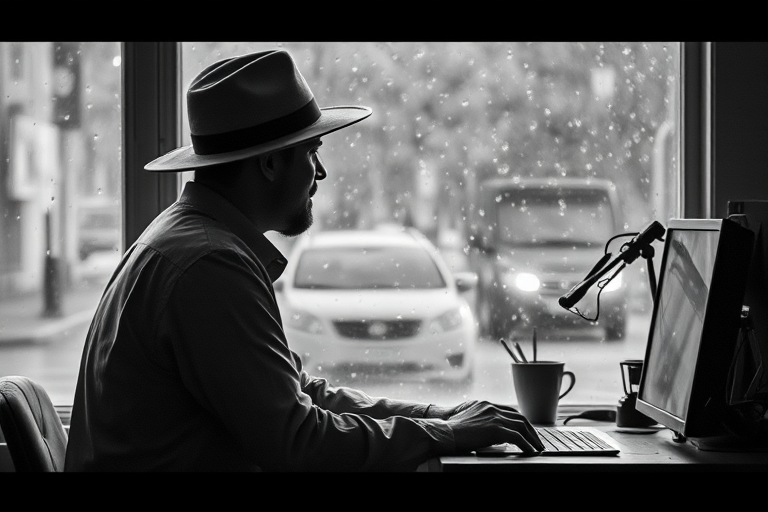 a man in a hat sitting at a desk looking out at rain through a window, monochrome style, soft focus, ISO 200, aperture f/4, 50mm lens, natural light, high dynamic range imaging