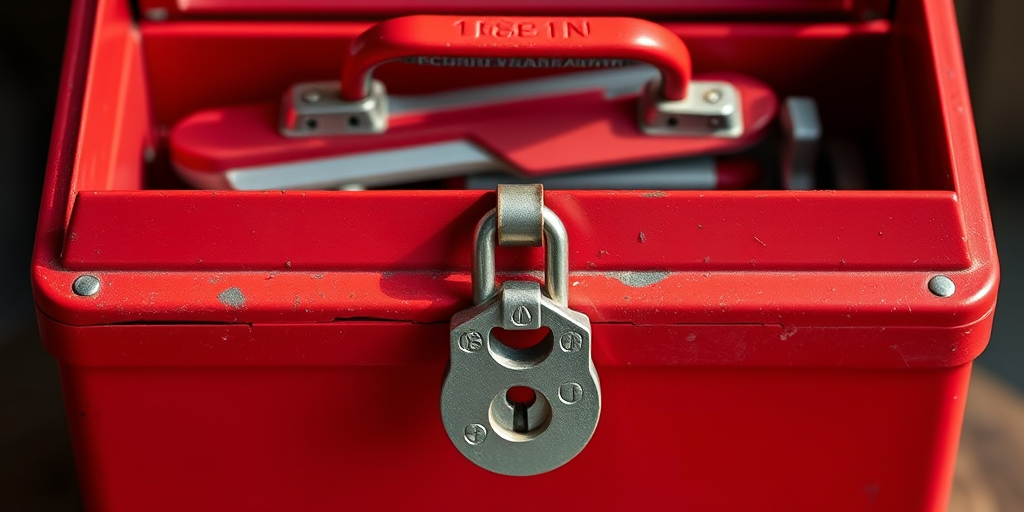 Create a high-resolution image of a red toolbox with a lock, using a DSLR camera with a 50mm lens, aperture at f/2.8, ISO 100, and natural lighting from the front, capturing a slight top-down angle to emphasize depth and details.