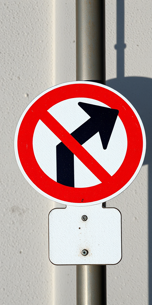 Create a high-resolution image of a prohibition sign featuring a black left turn arrow inside a red circle with a diagonal line through it, shot with a Canon EOS R5 at f/8, ISO 100, 1/200 sec, top-down view, with a clean, minimalistic background.