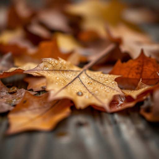 close-up of wet fallen leaves on a wooden surface during autumn, shallow depth of field, ISO 100, f/2.8, 1/250 sec, macro lens, natural light, DSLR camera