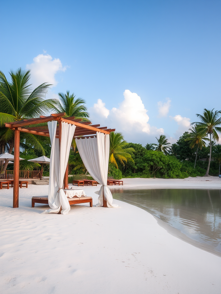 Create a picturesque tropical beach scene featuring a serene, white sandy shore. In the foreground, there's a rustic wooden canopy with white drapes gently flowing in the breeze. Underneath the canopy, a table is set with tropical decor, evoking a sense of relaxation and leisure. The beach extends into a calm, shallow water area with reflections of the sky and surroundings. Palm trees and lush greenery line the edge of the beach, providing a natural, tropical backdrop. The sky is clear with a few scattered clouds, and the overall atmosphere is tranquil and inviting, perfect for a peaceful retreat.
