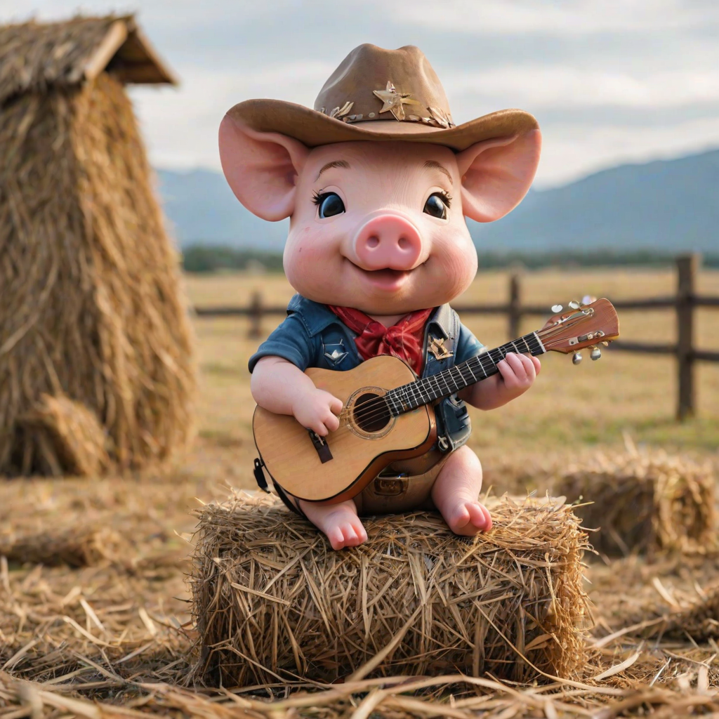 A chibi pig, dressed as a cowboy, playing guitar, sitting on a hay bale