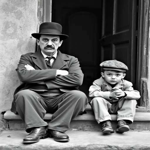 A black-and-white photograph of a man and a child sitting on steps in front of a doorway. The man is dressed as a tramp with a bowler hat, mustache, and ragged clothes, reminiscent of Charlie Chaplin's iconic look. He is sitting with his arms crossed and an expression of slight sadness or frustration. Next to him is a young boy, also in worn clothes and a cap, sitting with his hands clasped, looking thoughtful. The background is an old, textured wall and a partially open door, creating a vintage, early 20th-century atmosphere.
