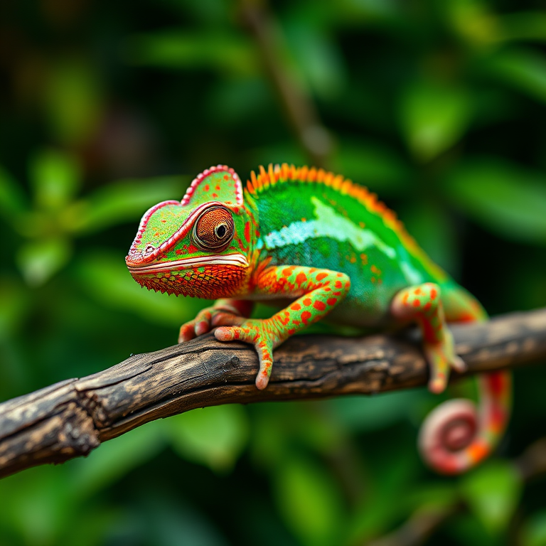 macro shot of a vibrant chameleon resting on a wooden branch with lush green background, aperture f/2.8, shutter speed 1/200s, ISO 100, 50mm lens, natural light, DSLR camera