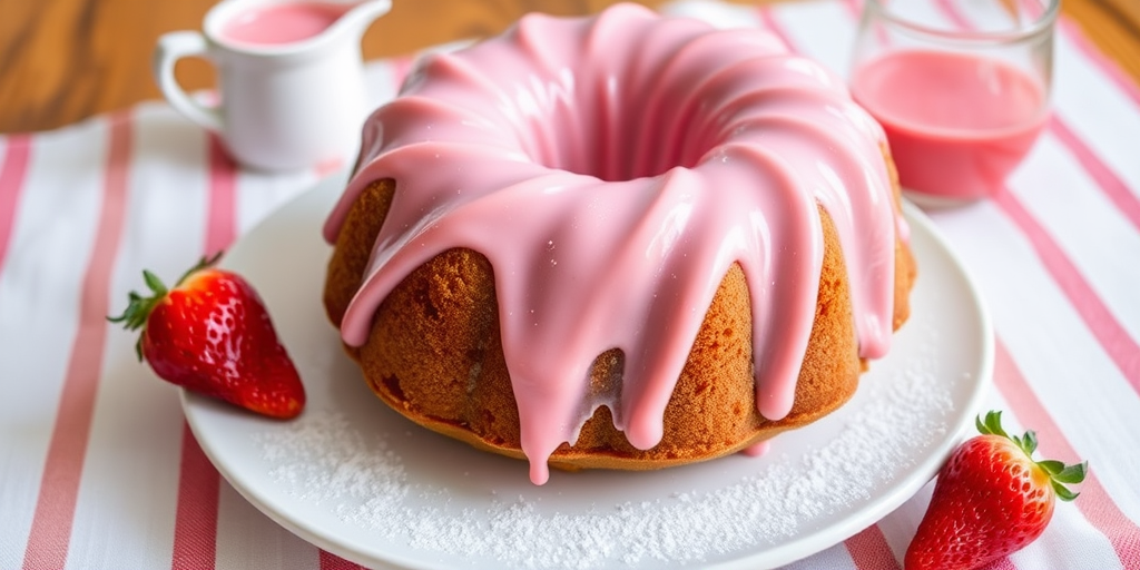 A delicious pink frosted bundt cake on a white plate with powdered sugar and a strawberry on the side, with a small pitcher of pink glaze in the background on a striped cloth.