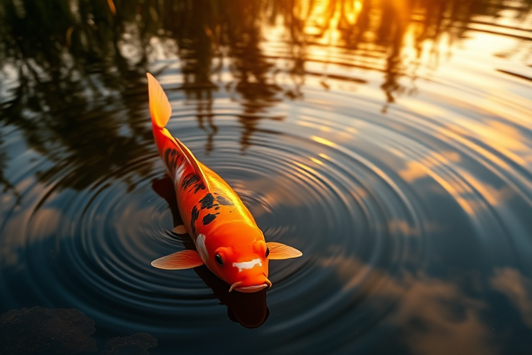 Create a serene image of a koi fish swimming near the surface of a pond at sunset, with golden light filtering through the water and soft ripples creating reflections of clouds, using a DSLR camera with a 50mm lens, aperture set to f/1.8, ISO 200, and a shutter speed of 1/250s, capturing a vibrant and detailed composition.