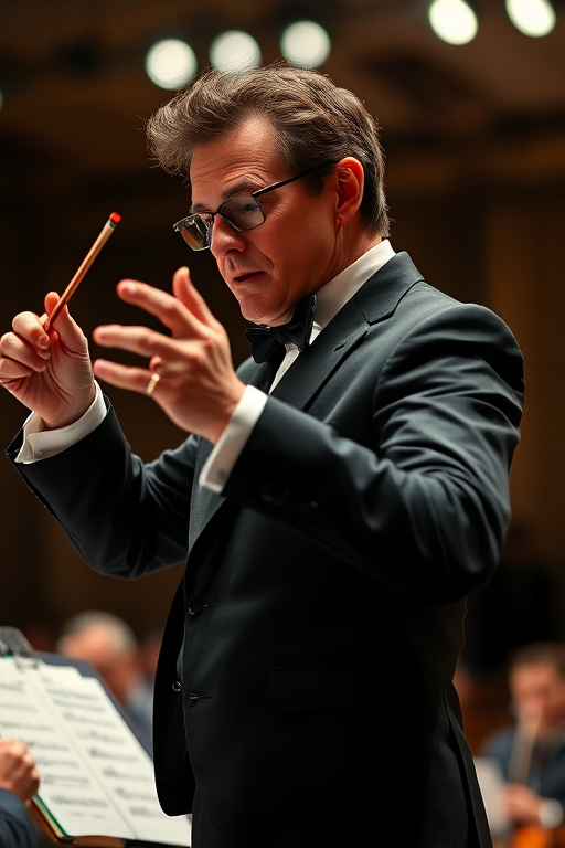 Create a high-resolution image of a conductor with a dramatic pose, using a DSLR camera with a 50mm lens, aperture set to f/1.8 for a shallow depth of field, ISO 200 for clear detail, and a 1/250 second shutter speed, captured from a low angle to emphasize movement and emotion.