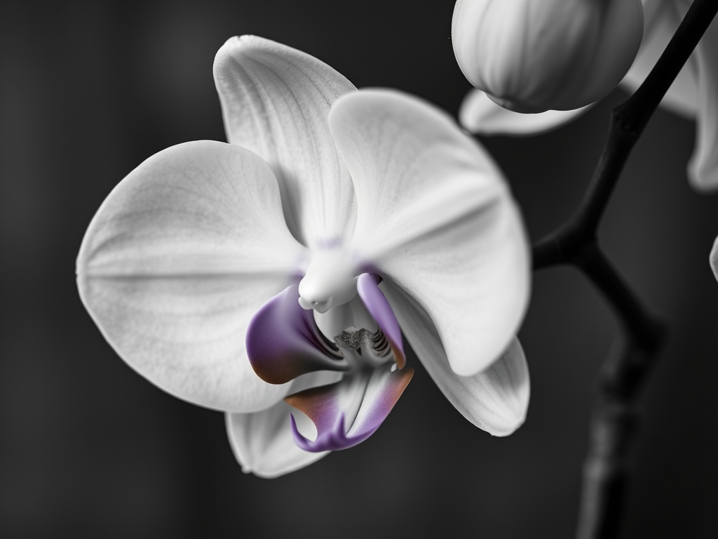 Close-up of an orchid flower in black and white, using a DSLR camera with a 50mm lens, aperture f/2.8, shutter speed 1/200s, ISO 100, natural soft lighting, shallow depth of field for enhanced detail and focus.