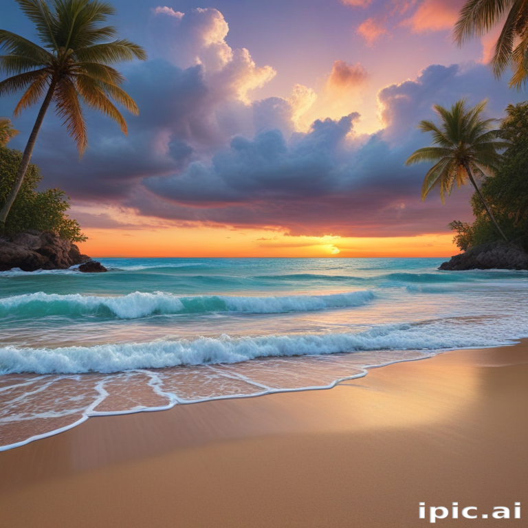 Serene Sunset Over Tranquil Beach with Palm Trees and Gentle Waves
