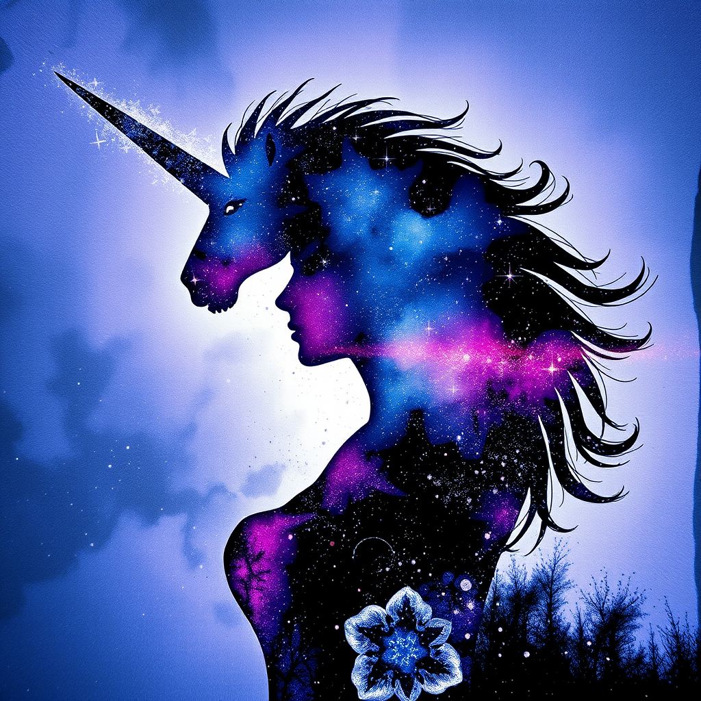 Captivating conceptual render alcohol ink art, double exposure, the paint strokes artfully merge combining a woman's full silhouette with a Unique unicorn's silhouette. The figures are composed of a series of colored dots, lines & spots that evoke the image of a cosmic galaxy, colors are deep shades of blue purple & black with flashes of white & silver representing distant stars. The woman's silhouette is formed within the lion's silhouette from constellations of scattered stars, surreal