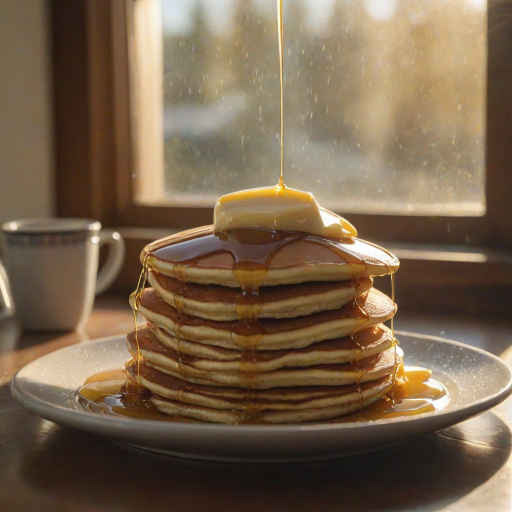 Warmly lit close-up of a plate of fresh pancakes, steam rising from the stack, with a pat of melting butter and syrup drizzling down the sides, and soft morning light from a window illuminating the scene.