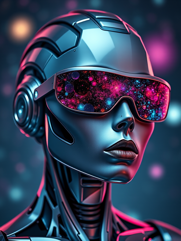 Regenerate a futuristic robot woman with reflective sunglasses showcasing galaxies, vibrant colors, and sleek metallic features, captured with a DSLR camera at f/1.8, ISO 100, 50mm lens, in soft-focus style against a cosmic background.