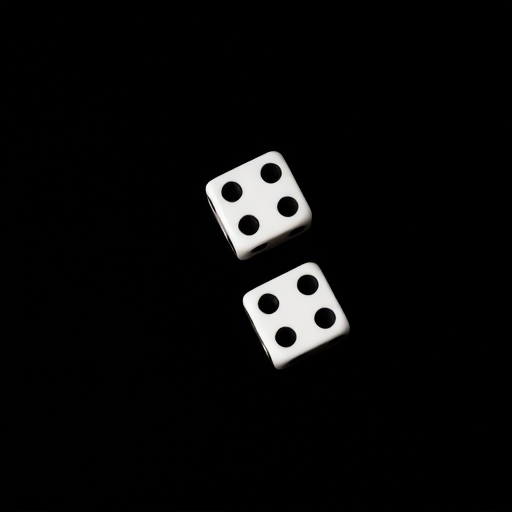 Create a high-contrast image of two white dice on a solid black background, using a DSLR camera with a 50mm lens, aperture set to f/2.8 for shallow depth of field, ISO 100 for low noise, and a slight top-down angle to enhance the view of the dice.