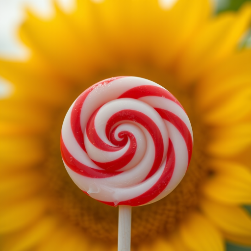 Close-up of a red and white swirled lollipop with a blurred yellow sunflower background, shot with a Canon EOS 5D Mark IV, 100mm f/2.8 macro lens, aperture f/4, shutter speed 1/200s, ISO 100, natural lighting for vibrant colors.