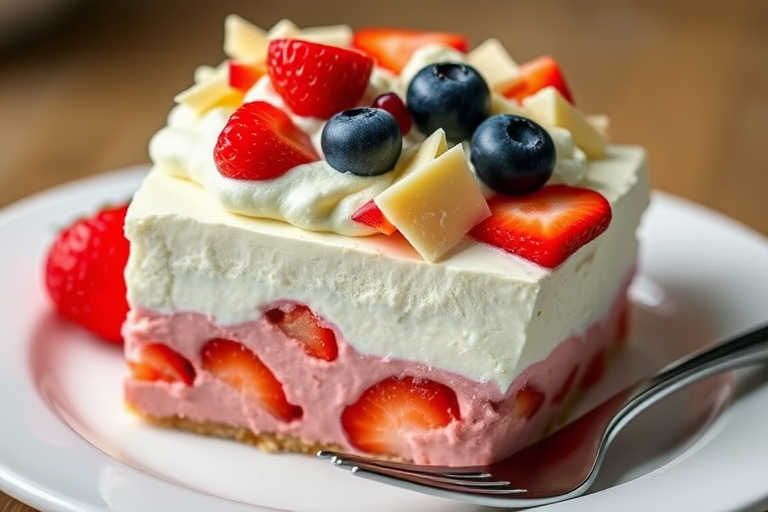 Create an image of a layered dessert with three distinct colors the bottom layer is pink with pieces of strawberries the middle layer is white and the top layer is light blue the dessert is topped with whipped cream and garnished with fresh strawberries blueberries and white chocolate shavings the dessert is presented on a white plate with a fork beside it.