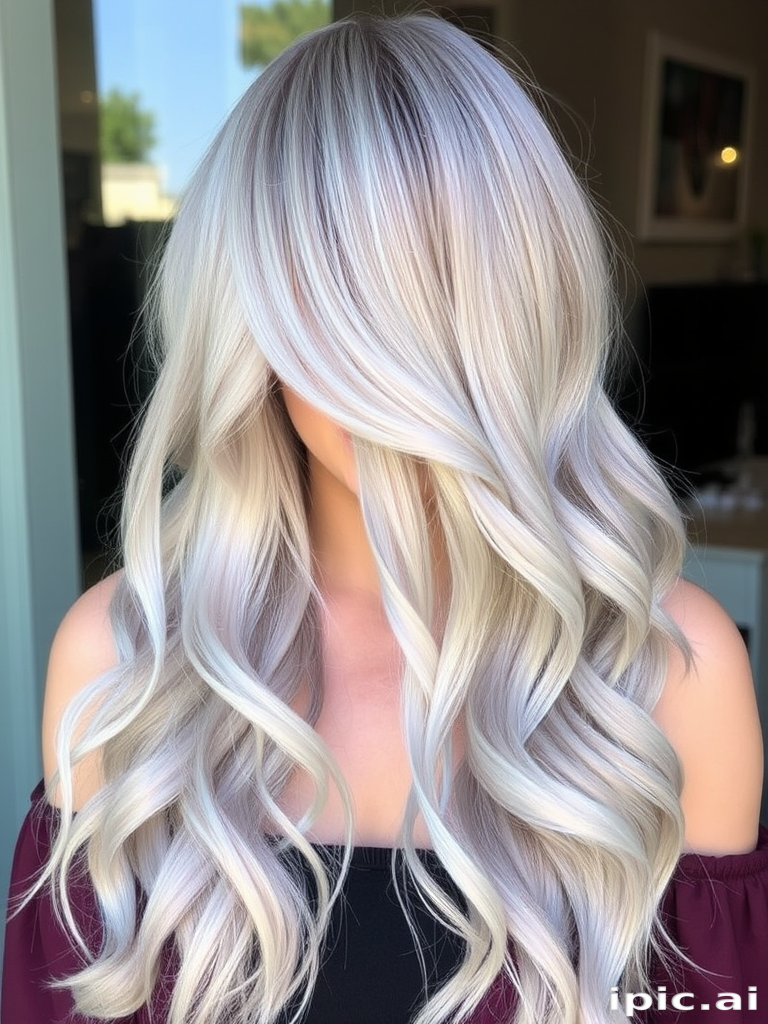 Ethereal hair style presenting waist-length silver-gray strands styled in loose mermaid waves with subtle metallic accents