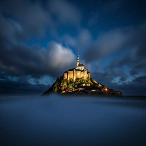 Create a high-resolution nighttime image of Mont Saint-Michel with dramatic clouds and a starry sky, using a Canon EOS R5 with a 24-70mm f/2.8 lens, aperture set to f/4, ISO 800, and a long exposure of 15 seconds for enhanced detail and clarity.