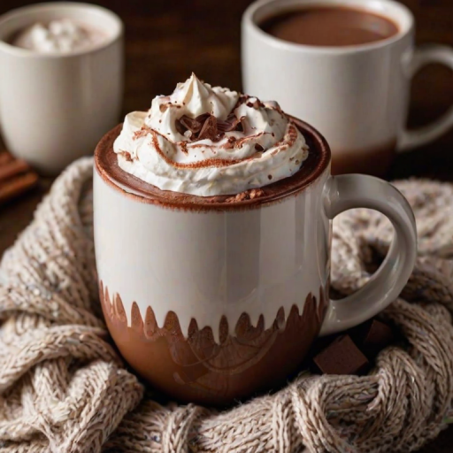 Close-up of a handmade ceramic mug filled with steaming hot cocoa topped with whipped cream and chocolate shavings, soft light illuminating the mug's unique glaze and a cozy knit scarf draped beside it.