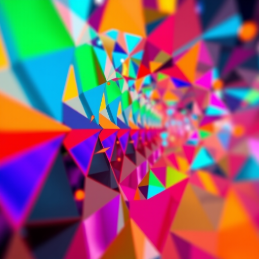 Create an abstract digital artwork with vibrant colors and geometric shapes, using a 50mm lens, aperture f/1.8, and a shallow depth of field for enhanced focus, taken with a DSLR camera at a 45-degree angle.