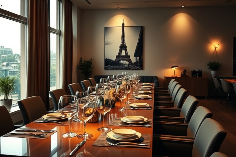 A modern dining room featuring a long table set with elegant tableware, softly lit with ambient lights, an Eiffel Tower picture on the wall, camera settings: f/2.8, ISO 400, shutter speed 1/60s, camera view: wide-angle, camera style: high dynamic range, camera type: DSLR.