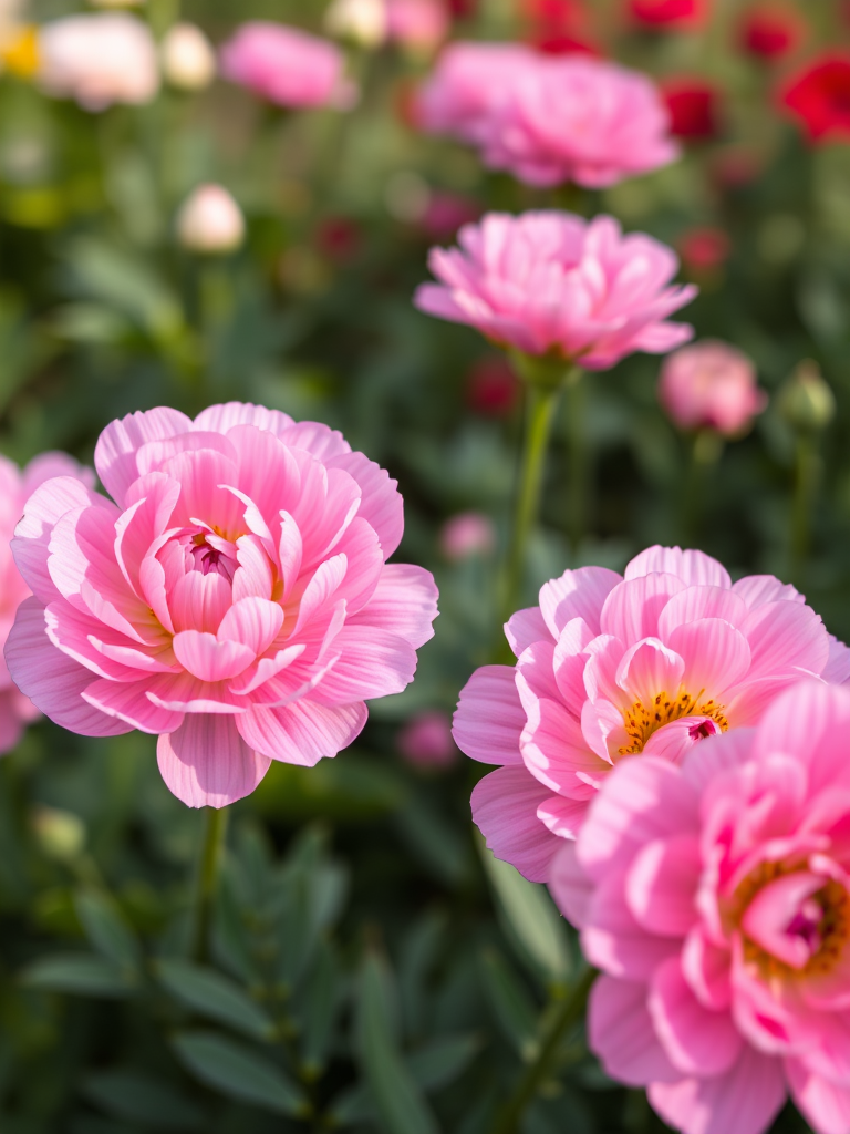 close-up of pink ranunculus flowers with intricate petal details in a garden setting, using a DSLR camera, 50mm lens at f/2.8, ISO 100, natural lighting, capturing vibrant colors and shallow depth of field to enhance image quality
