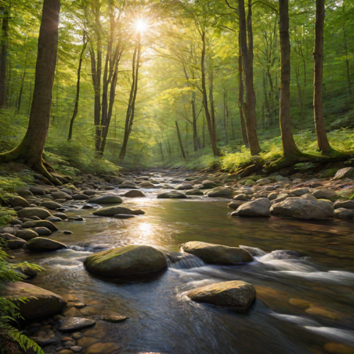 Create an image of a serene, sunlit forest scene with a clear, gently flowing river. Tall trees with lush green foliage line both sides of the river, their leaves bathed in the warm golden light of the setting or rising sun. The sunlight filters through the trees, casting soft, dappled light on the river, which flows over smooth rocks and pebbles, creating a peaceful, natural atmosphere. The sky is bright with a few scattered clouds, and the overall mood is tranquil, evoking a deep sense of connection with nature. The image captures the beauty of a calm, pristine forest landscape at either dawn or dusk.