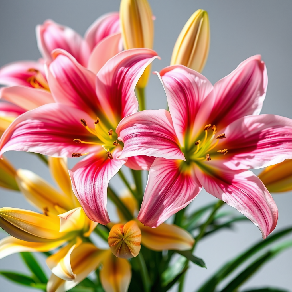 Regenerate an image of pink and yellow lilies on a transparent background, using a DSLR camera with an aperture of f/2.8, shutter speed of 1/100 sec, ISO 100, macro lens for enhanced detail, soft focus effect, and bright lighting to emphasize colors.