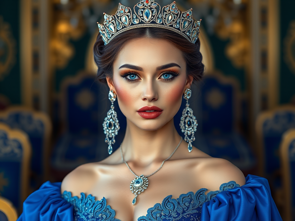 A gorgeous Kyrgyz woman in a luxurious blue gown, accessorized with a dazzling tiara and statement earrings, her deep blue eyes highlighted by impeccable makeup, poised in a royal setting, photorealistic, 8K quality