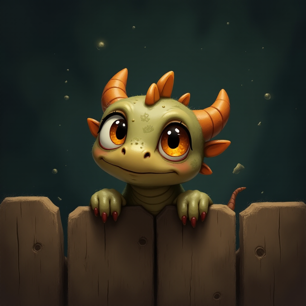 A small, scruffy cartoon-like dragon peers over a wooden fence with wide, expressive amber eyes, giving it an endearing look. The dark, muted background with streaks of faded color adds to the atmosphere of vulnerability and longing. The dragon's oversized eyes, full of emotion, draw the viewer in, evoking a sense of empathy and tenderness. Flecks of light and small bits of debris gently float through the scene, creating a soft, melancholic mood as the dragon waits patiently for comfort.