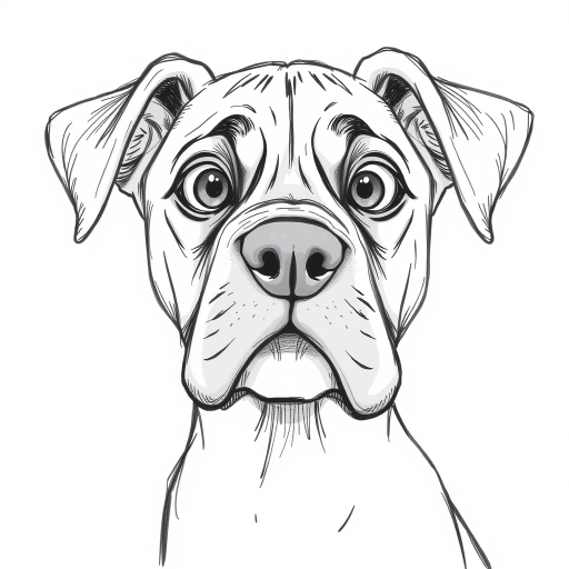 A doodle style pencil sketch illustration of a beautiful young Boxer dog, with large eyes and exaggerated facial features. White background