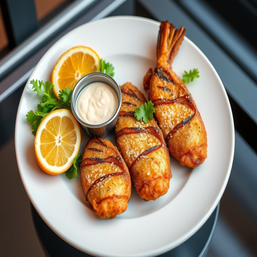 capture a gourmet dish featuring three pieces of fried fish with a side of dipping sauce, a slice of orange, and garnished greens in a modern setting, f/2.8 aperture, ISO 200, 1/125 sec shutter speed, shot from a high angle with a standard lens on a DSLR camera for optimal clarity and detail