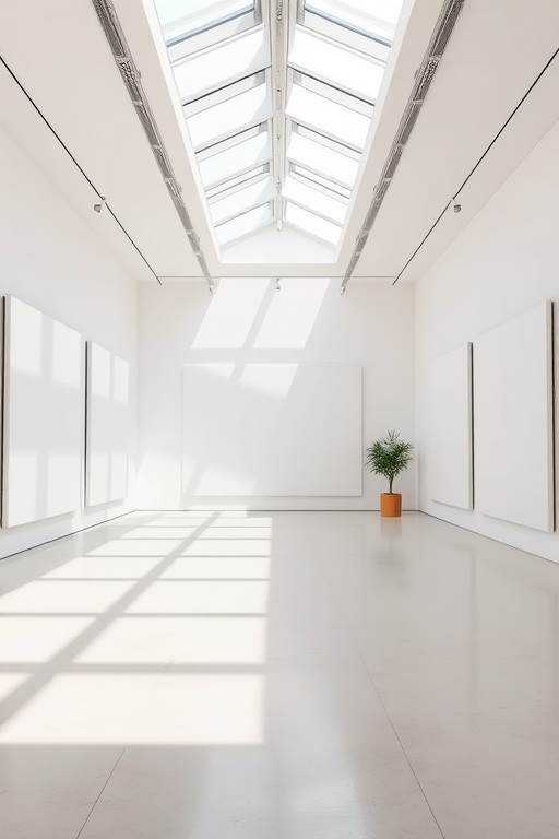 empty art gallery with minimalist decor, large blank canvases on the walls, natural light streaming in through skylights, camera settings f/8, shutter speed 1/60, ISO 200, camera view wide angle, camera style modern, camera type DSLR