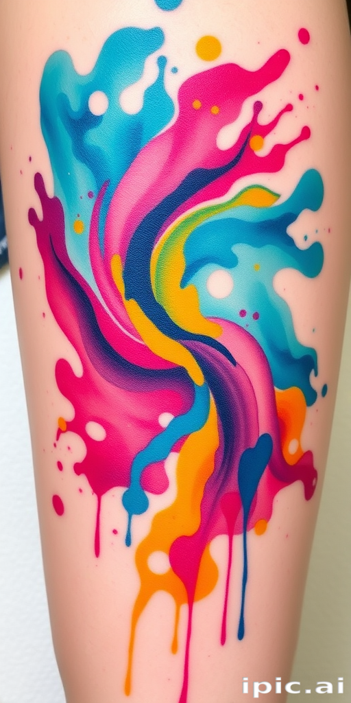 Vibrant watercolor splash tattoo named "Chromatic Cascade" featuring a mesmerizing blend of turquoise, magenta, and sunflower yellow hues swirling together in an abstract pattern resembling a flowing river, with delicate splatters and drips creating a sense of movement and spontaneity across the skin, perfect for those seeking a bold and artistic expression of color and fluidity in their body art
