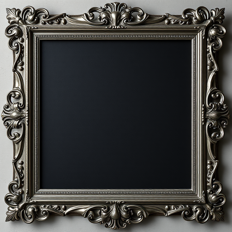 Create a high-resolution black canvas image framed in an ornate silver frame captured with a DSLR camera at f/1.8 aperture, 50mm lens, ISO 200, 1/125 shutter speed, overhead view, natural lighting for enhanced clarity and depth.