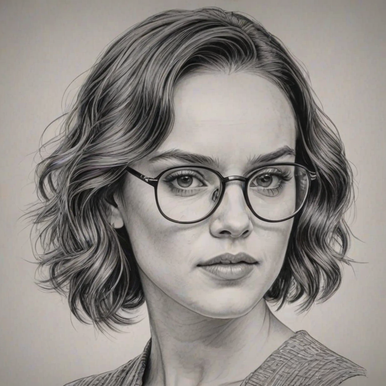 Fetching Daisy Ridley, pencil sketch, portrait of Exquisite woman 1928s in glasses, hair style beatnik, outline, clear lines, fine lines, 8k