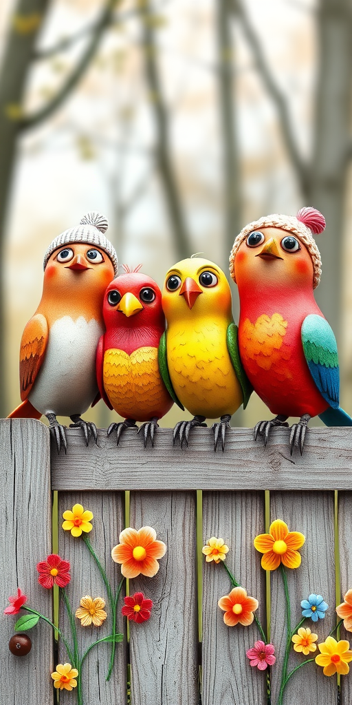 create a scene of 4 quirky  whimsical colourful comical birds each with a funny expression. they are sat on a wooden fence with colourful flowers. they are all different sizes. each one is a different colour  one is wearing a woolly hat. Each one has a different quirky google expression and there is a muted background of trees watercolour paintierly style high definition 8k resolution 3D paper mache