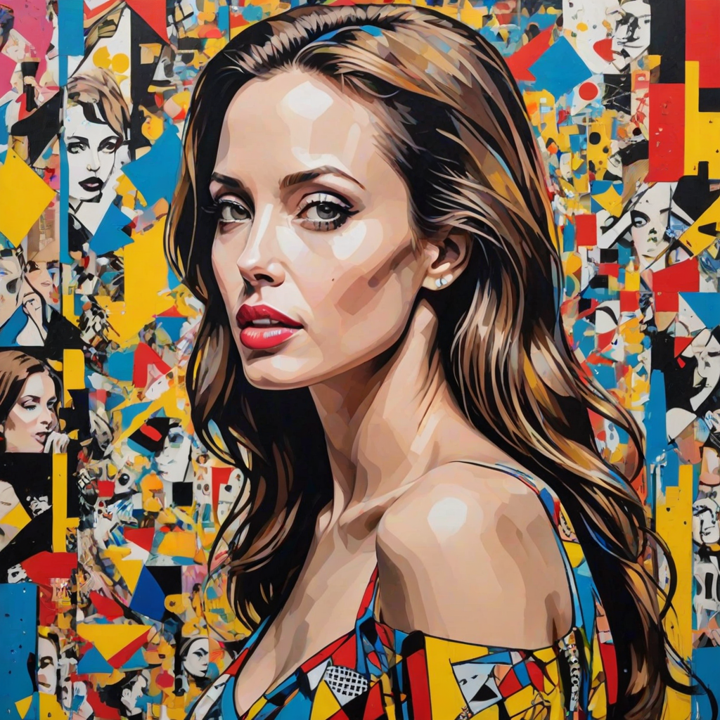 A vibrant artwork blending bohemian style with edgy street art, featuring a young angelina jolie. The design mixes vibrant colors with the modern Disney-inspired style, echoing Roy Lichtenstein's pop art. The overall mood is optimistic and trendy, with elements of Johannes Vermeer’s classic elegance, combined with the geometric abstraction of crystal cubism. add Stockholm shilluette