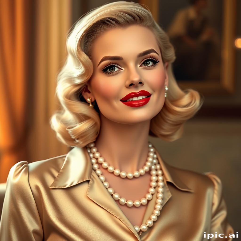 A beautiful woman reminiscent of 1950s Hollywood glamour, with perfectly styled blonde hair and a seductive smile, dressed in a satin blouse and adorned with pearls, soft and warm tones, photorealistic, 8K