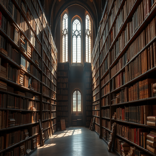 Quiet library filled with towering shelves of books, the scent of old paper and leather binding lingering in the air, with sunlight streaming through tall windows.
