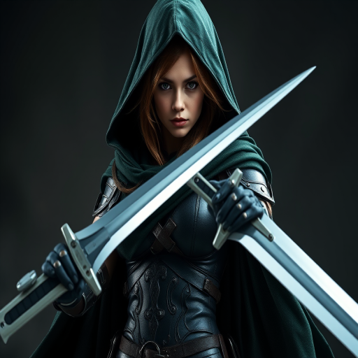 Create an image of a female character in a dark green hooded cloak and form-fitting armor, wielding two large blades, captured with a DSLR camera at f/2.8, ISO 100, focal length 50mm, using a portrait lens and a low-angle view to emphasize her powerful stance, while employing dramatic lighting to enhance her features and the texture of her outfit.